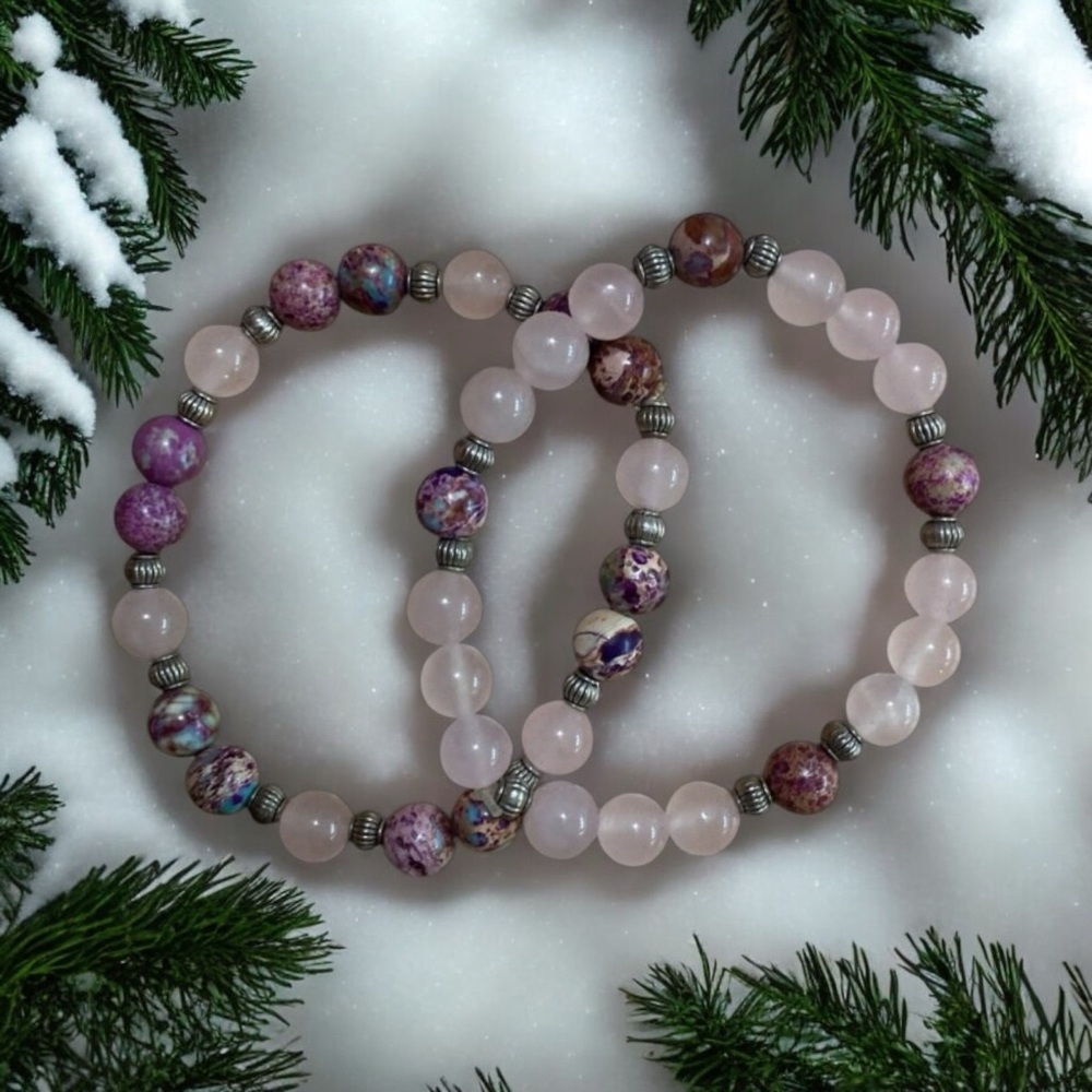 Rose Quartz and Imperial Jasper Bracelet Set,  Genuine Semiprecious stones